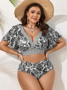 Swim Vcay Plus Size Women Two-Piece Short Sleeve Top And Shorts Bikini Set, Casual & Fashionable Everyday Wear, For Summer Beach Vacation