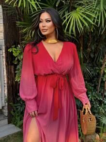 SHEIN SXY Robe ombré en mousseline de soie pour grandes tailles avec fente haute, robe ample à manches longues pour vacances à la plage