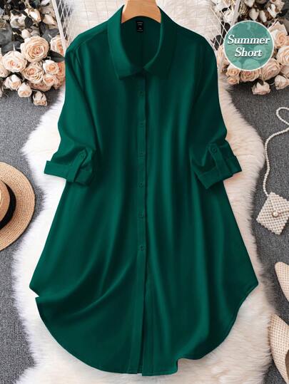 SHEIN Clasi Plus Size, enfärgad, nedfällbar krage Klänning med halv ärm för kvinnor