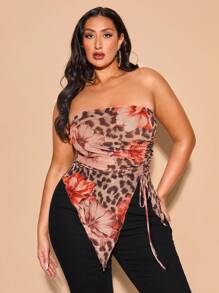 SHEIN BAE Plus Size Women Elegant Vacation Drawstring Asymmetric Bandeau Top, Flower Print Design, Suitable For Music Festival, Beach Holiday/Going Out Tops/Concert Tops/Summer Clothes/Sleeveless Top/Casual Tops/Graphic Crop Top,Graduation - Khaki - View 6