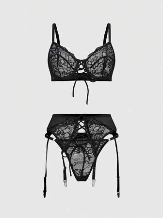 Goth Ensemble de 3 pièces: Brassière gothique à armatures en dentelle, culotte triangle et porte-jarretelles, sous-vêtements sexy