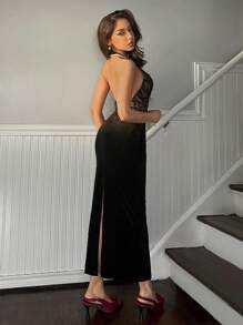 Firerie 女士优雅浪漫时尚通勤性感连衣裙，适合派对、度假、浪漫约会、婚礼、生日、情人节，黑色蕾丝和天鹅绒拼布紧身连衣裙 - 黑色 - 查看 2