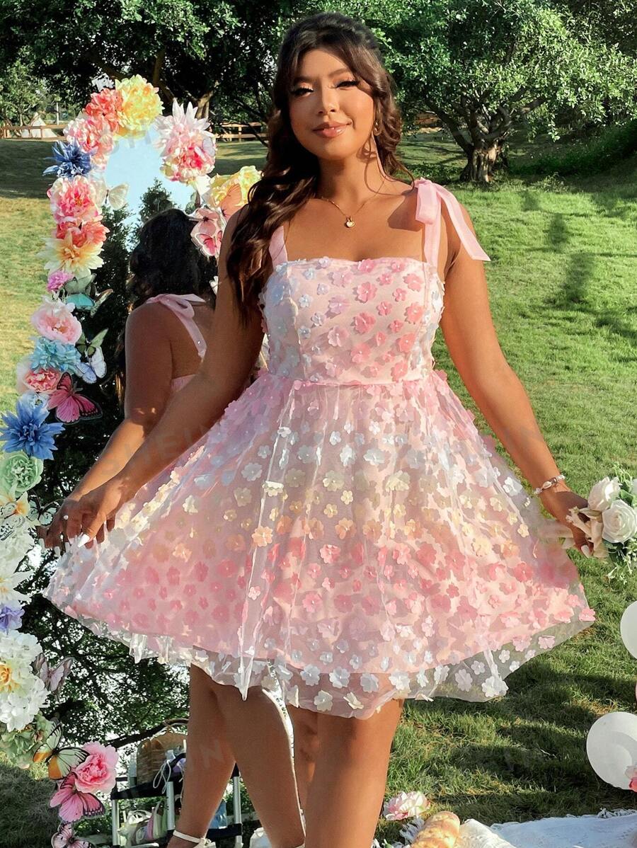 Celure Vestido de mujer de talla grande elegante con textura trenzada, floral de malla de organza, de doble capa y con lazo