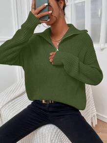 SHEIN LUNE Casual Solid Color Drop Shoulder Loose Sweater, Autumn/Winter Knit Pullover Fall Sweater - Army Green - View 6