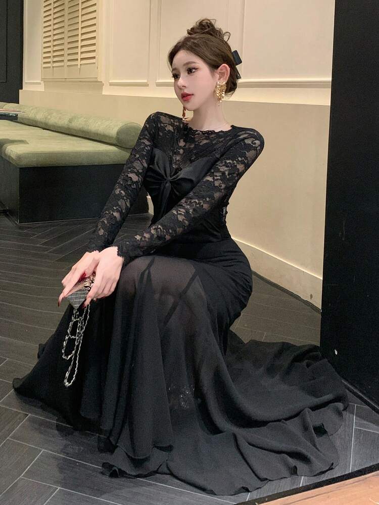 Sexy Fitted Banquet & Wedding Party Sheer Lace & Mesh Patchwork A-Line Drawstring Twist Two Pieces Set For Women,Fall Women Clothes