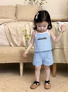 SHEIN 可爱女婴条纹针织吊带背心和短裤套装，夏季 - 藍色 - 查看 9
