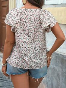 SHEIN VCAY Plus Size Ditsy Floral Layered Short Sleeve Round Neck Shirt - Apricot - View 2