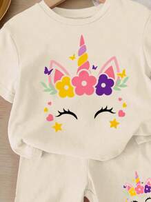 SHEIN 2pcs/Set Young Girl Cute Flower & Unicorn Minimalist Casual Loose Short Sleeve T-Shirt And Shorts Suit, Suitable For Summer - White - View 4