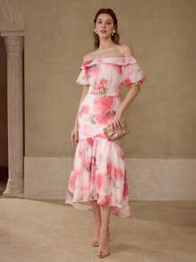MOTF PREMIUM VESTIDO CON ESTAMPADO FLORAL DE HOMBROS DESCUBIERTOS - Rosa - Ver 5