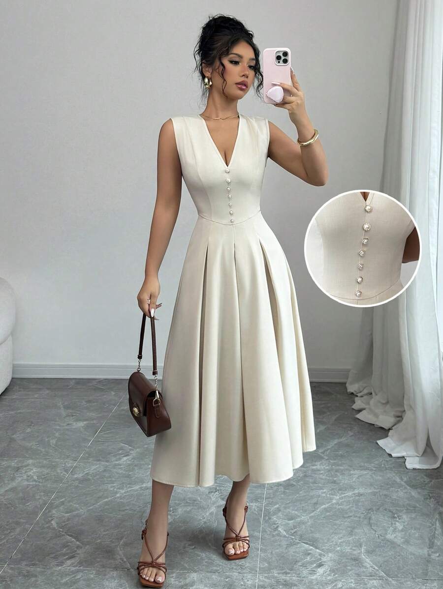 Rafferiza Women Elegant V-Neck Sleeveless Ruffle Dress - Khaki - View 1