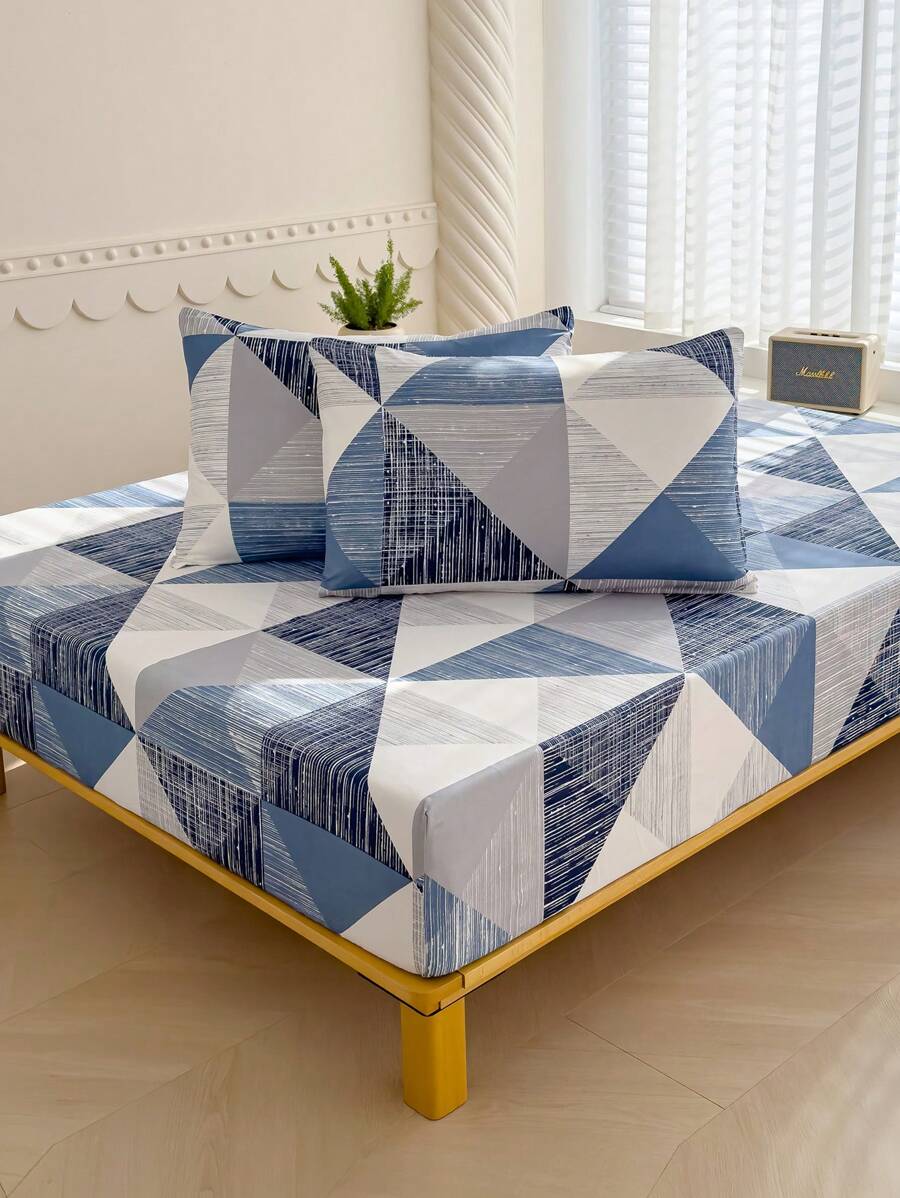 3Pcs Fitted Sheet Set, 80g Polyester Brushed, Geometric Pattern, 1 Fitted Sheet + 2 Pillow Cases