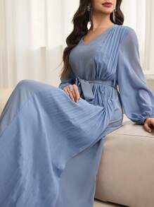 Modelyn 女士 V 领褶皱灯笼袖长款优雅连衣裙 - 藍色 - 查看 5