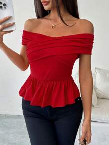 Chiquease Women Off Shoulder Solid Minimalist Crisscross Hem Ruffle T-Shirt - Red - View 1