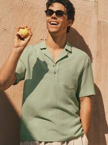 GENTILAND Men's Stand Collar Short Sleeve Casual Woven Shirt, Suitable For Summer - Green - View 4