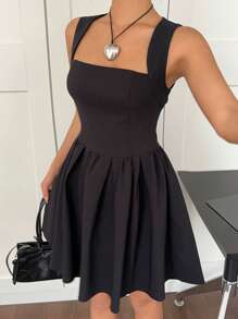 SHEIN EZwear Women's Plain Color Swan Neck Sleeveless Fashionable Black Mini Dress - Black - View 1