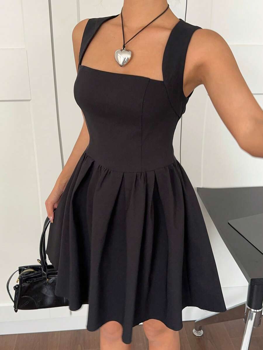 SHEIN EZwear Women's Plain Color Swan Neck Sleeveless Fashionable Black Mini Dress - Black - View 1