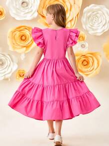 SHEIN Vestido informal para niñas preadolescentes con corte cropped, cuello redondo y mangas con volantes en capas - Rosa Fucsia - Ver 5