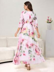 Modelyn Vestido lujoso con estampado floral de gasa fluida, parches y cinturón de cintura, que estiliza y rejuvenece, elegante