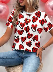 SHEIN LUNE Casual Heart Pattern Round Neck Short Sleeve Women T-Shirt, Suitable For Spring & Summer