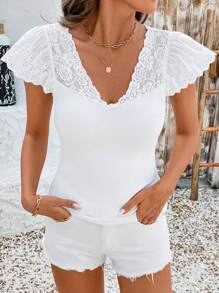 SHEIN Clasi Women's Summer V-Neck T-Shirt With Front Cutout & Cap Sleeves, Mix Of Plain Knit And Lace Fabrics, Fitted Silhouette, & Versatile