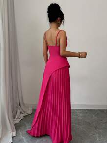 Elenzga 优雅女士细肩带荷叶边褶皱 A 字形连衣裙，浪漫 - 玫紅色 - 查看 2