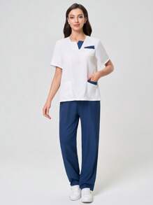 TaskEZ Contrasting Patchwork Short Sleeve Top And Pants Scrub Uniform Set