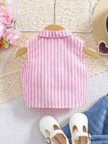 SHEIN 女婴可爱条纹扭纹无袖上衣，夏季百搭 - 粉色 - 查看 4