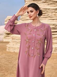 Layrah Handmade Beaded Round Neck Long Sleeve Maxi Dress, For Holiday - Coral Pink - View 3