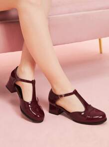 CUCCOO DOLLMOD Women's Solid Color Adjustable Simple Casual Round Toe Thick Heeled Hollow Out Flats Spring Shoes