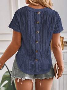 INAWLY Plus Size Round Neck Raglan Shirt With Rhombus Pattern Jacquard Fabric Back Button Closure T-Shirt