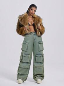 SHEIN ICON بنطلون جينز نسائي متعدد الجيوب بقصة واسعة للساق، لياقة مريحة، طراز عصري مبسط للارتداء اليومي، جينز متدني الخصر بقصة مستقيمة للساق