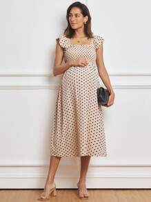 MaterniWear Work/Office Cable Bodice, Square Neck, Ruffled A-Line Hem Mid-Length Maternity Dress - Beige - View 3