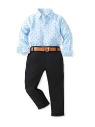SHEIN 2pcs Young Boy Gentleman Outfit, Casual Comfortable Full Print Pattern Long Sleeve Shirt And Classic Black Suit Pants, Fashionable Versatile, Suitable For Daily Casual Wear, Birthday Party, Wedding, Halloween, Christmas, Thanksgiving Celebration, Formal Wear, Performance, Spring/Summer