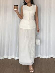 Chiquease 法式优雅成熟合身单排扣背心和百褶中裙百搭套装 - 杏色 - 查看 6