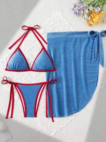 SHEIN Swim 3 件套女士纹理面料闪亮吊带三角泳衣套装，海滩度假时尚，适合夏季度假 - 藍色 - 查看 3
