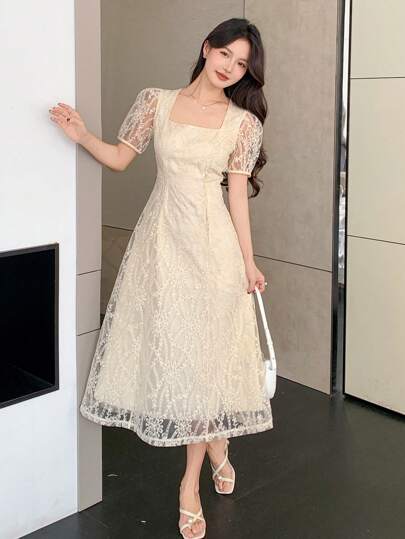 DAZY Vestido largo con cuello cuadrado y mangas cortas de encaje para mujer