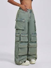 SHEIN ICON بنطلون جينز نسائي متعدد الجيوب بقصة واسعة للساق، لياقة مريحة، طراز عصري مبسط للارتداء اليومي، جينز متدني الخصر بقصة مستقيمة للساق