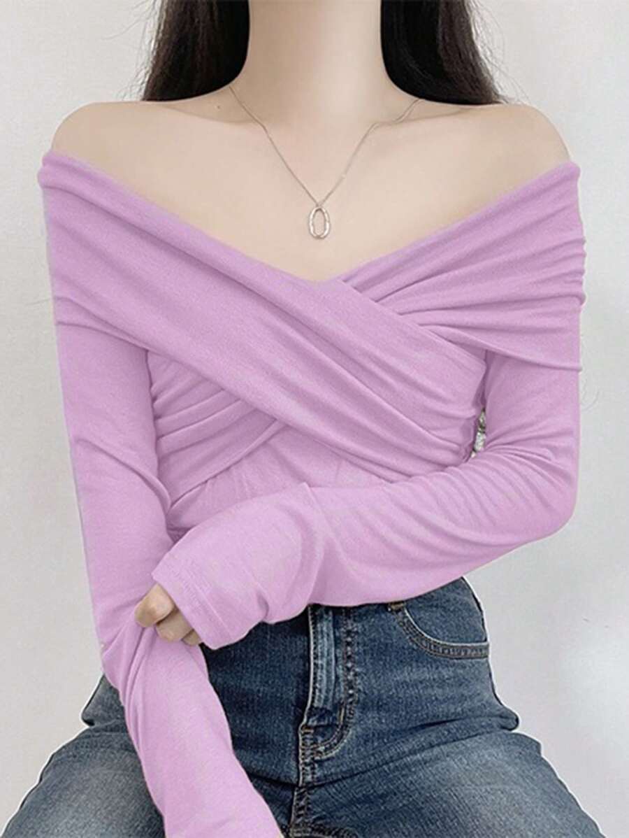 DAZY Plain Long Sleeve T-Shirt, Casual Simple Style For Everyday Wear,Fall Clothes Off Shoulder Top Cute Tops - Purple - View 1