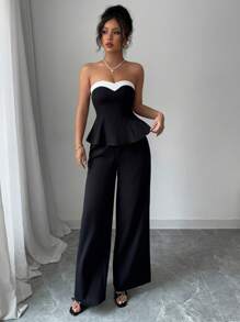 xheElenzga Set de 2 piezas de top tubo y pantalones de pierna ancha de color contrastante para mujerxhe - Negro - Ver 6
