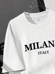 SHEIN EZwear 休闲简约米兰印花图案宽松圆领短袖女式 T 恤，适合夏季 - 白色 - 查看 4