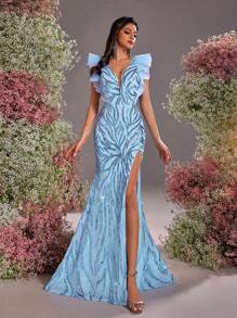 Glamrae Elegant, Romantic, Sexy, Spring And Summer, Blue, Stretch Sequin Fabric, V-Neck High Slit Fishtail Dress, Vacation, Prom, Birthday Party, Wedding, Formal Evening Dress, Wedding Guest Dress,Gown - Blue - View 3