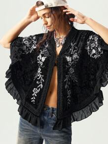 Bohemela 纯色针织下摆配花卉蕾丝边披肩斗篷 - 黑色 - 查看 3