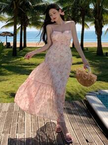 DAZY Ditsy Floral Allover Print Textured Midi Slip Dress For Women,Ruffle Vacation Outfits Women - Pink - View 4