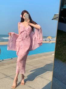 DAZY 2 pièces/set Chemise et Top d'été femme style bohème avec volant ourlet floral ditsy, cache-maillot de plage