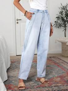 SHEIN LUNE Mid-Rise Waist Stretchy Waistband Loose Patchwork Design Women's Boyfriend Jeans - Blue - View 3