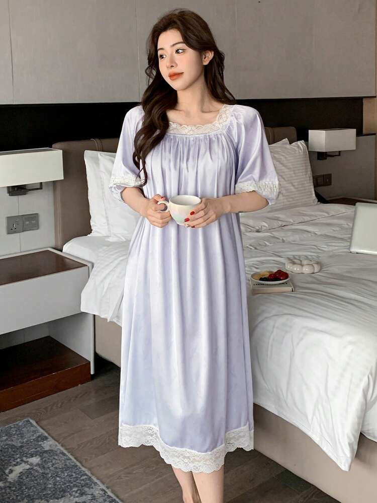 Women's Romantic Floral Line Print Satin Contrast Lace Trim Square Neck Puff Sleeve Nightgown Pajama