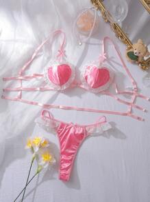 PetitDoll Set de 2 piezas de lencería sexy con volantes para mujeres, que incluye una taza de noodle con forma de corazón rosa y linda
