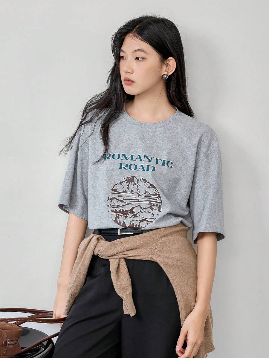 Dazy-Less 宽松休闲印花短袖女式T恤图案T恤 - 灰色 - 查看 1