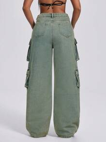 SHEIN ICON بنطلون جينز نسائي متعدد الجيوب بقصة واسعة للساق، لياقة مريحة، طراز عصري مبسط للارتداء اليومي، جينز متدني الخصر بقصة مستقيمة للساق