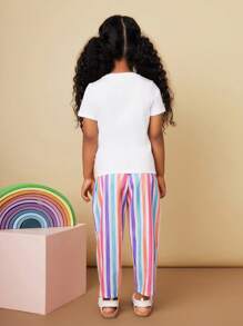 SHEIN 2 件装少女纯色针织圆领 T 恤和编织条纹裤套装 - 彩色 - 查看 2
